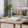 TP-Link TL-WR820N WiFi router placed in a modern living room setup.