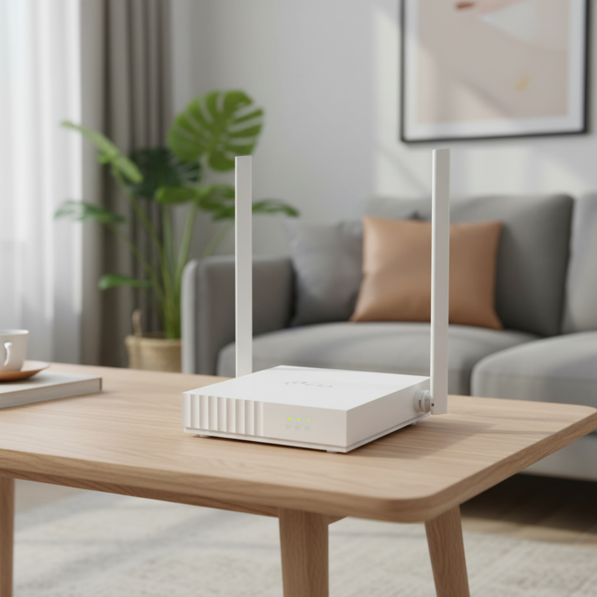 TP-Link TL-WR820N WiFi router placed in a modern living room setup.