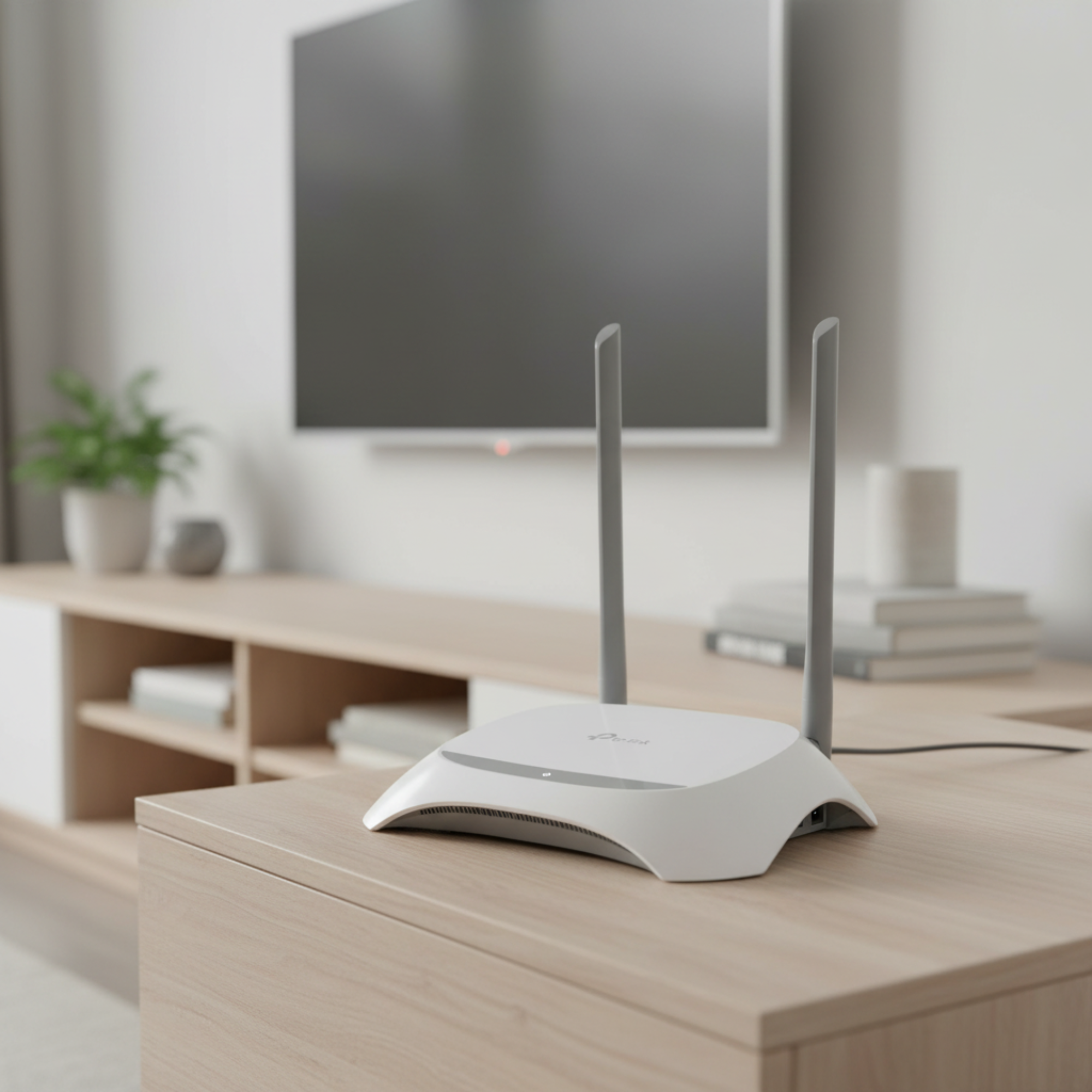 TP-Link TL-WR840N wireless router placed on a modern living room TV console.