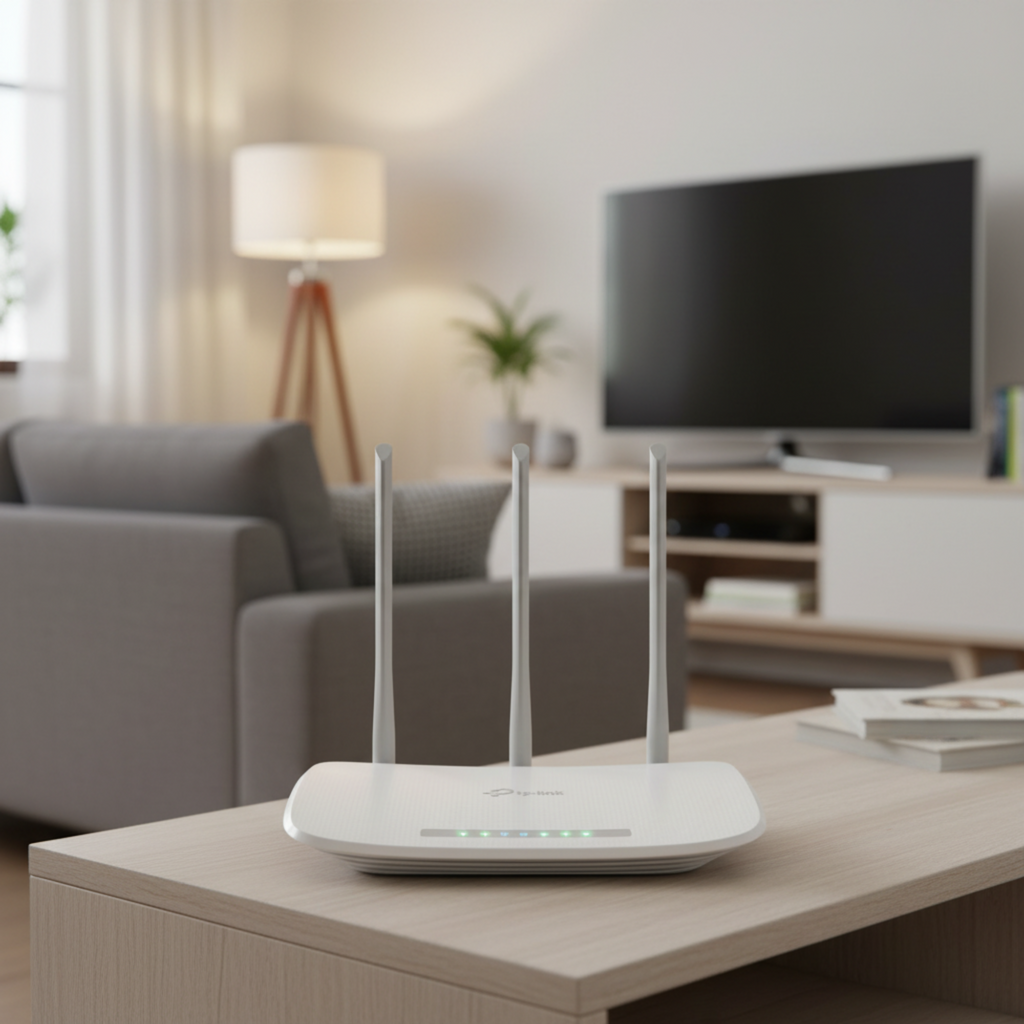 TP-Link TL-WR845N 300Mbps WiFi router placed in a living room providing stable home internet connection.