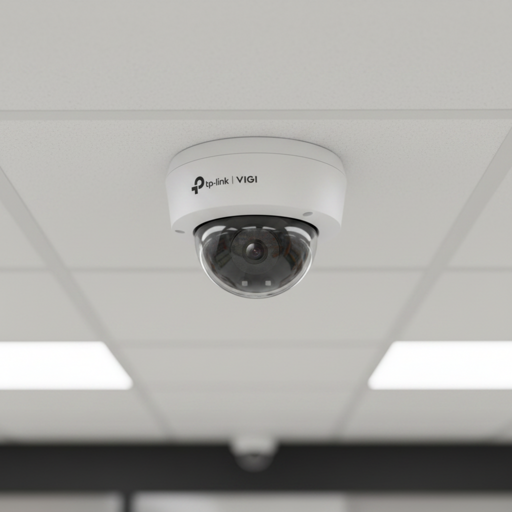 TP-Link VIGI C220I dome camera installed on a retail store ceiling for surveillance monitoring.