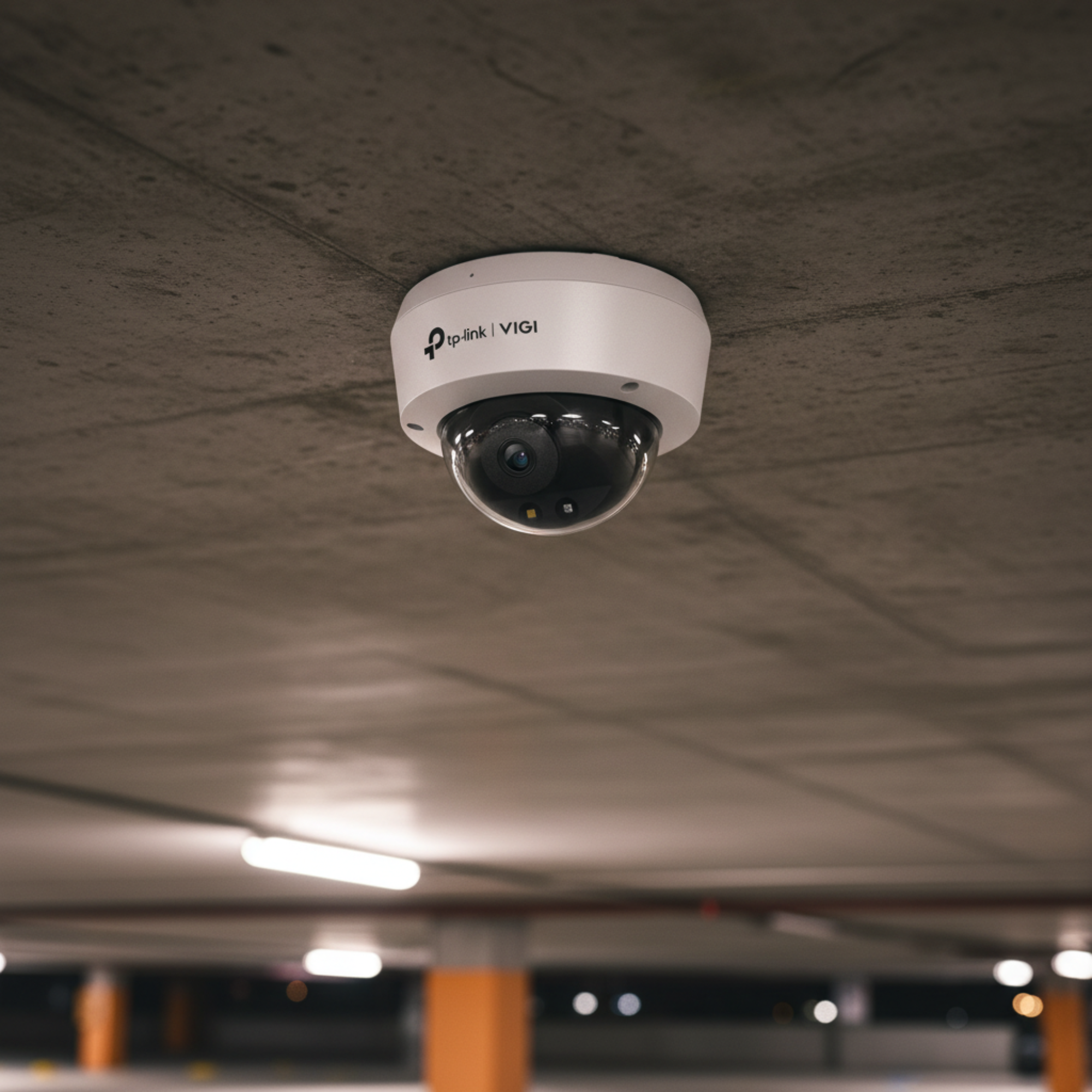 TP-Link VIGI C230 dome camera mounted in a parking area for night surveillance.