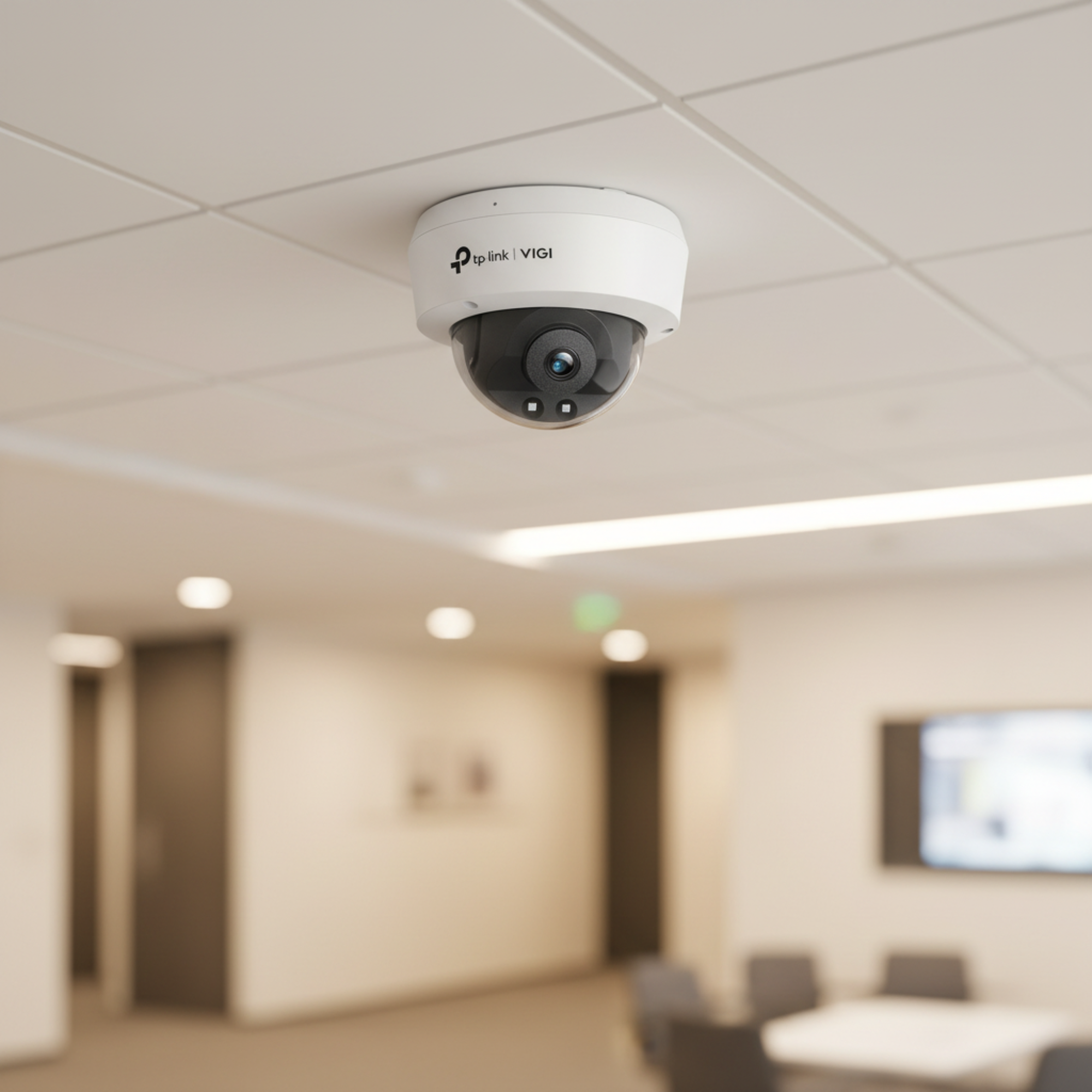 TP-Link VIGI C240 dome camera mounted at an indoor ceiling corner in a modern office lobby.