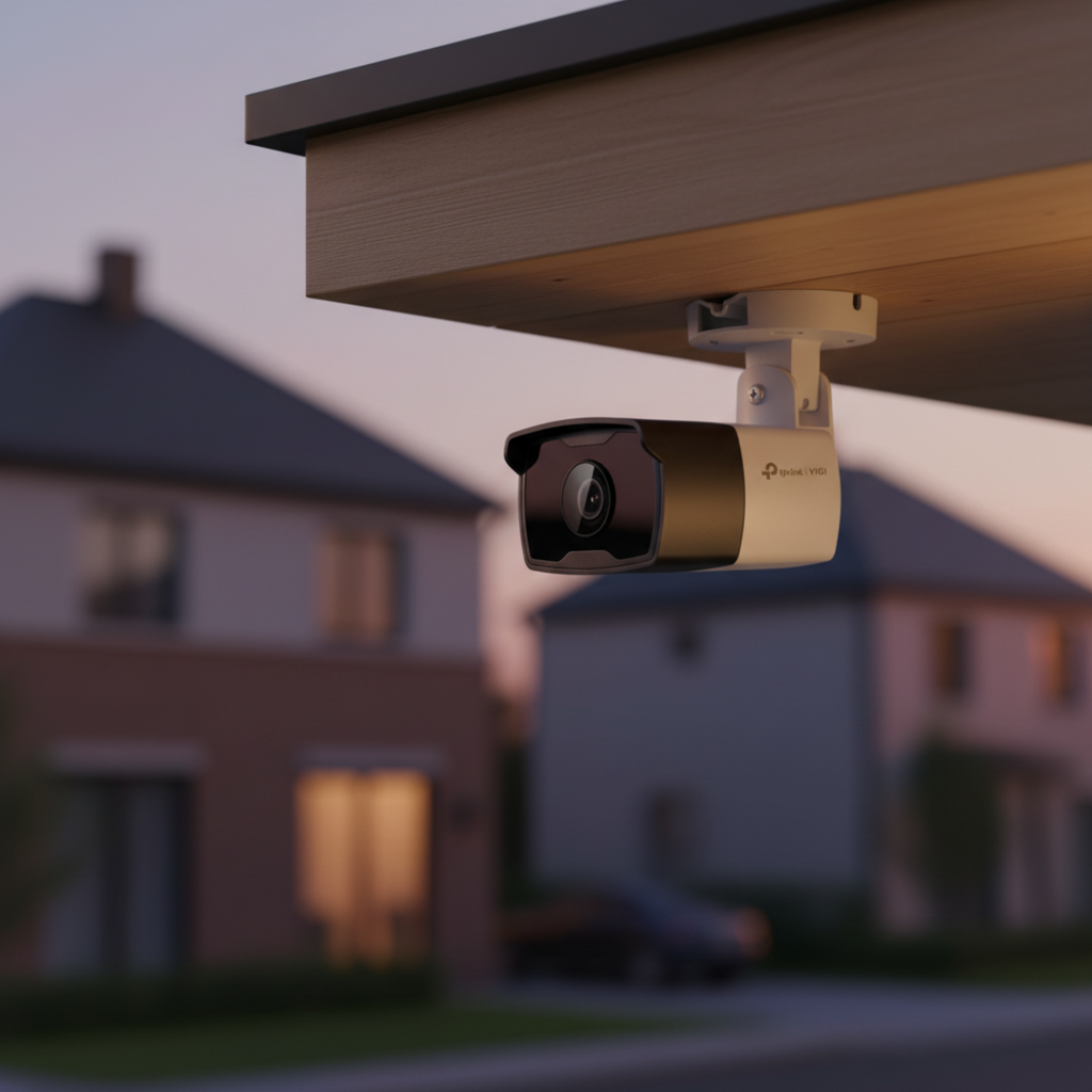 TP-Link VIGI C330I outdoor security camera mounted on a home exterior during evening light.