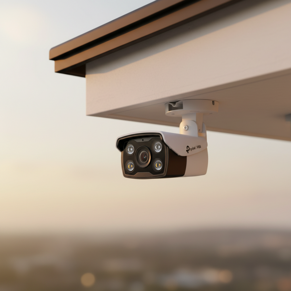 TP-Link VIGI C330 outdoor security camera mounted on a home exterior during evening light.