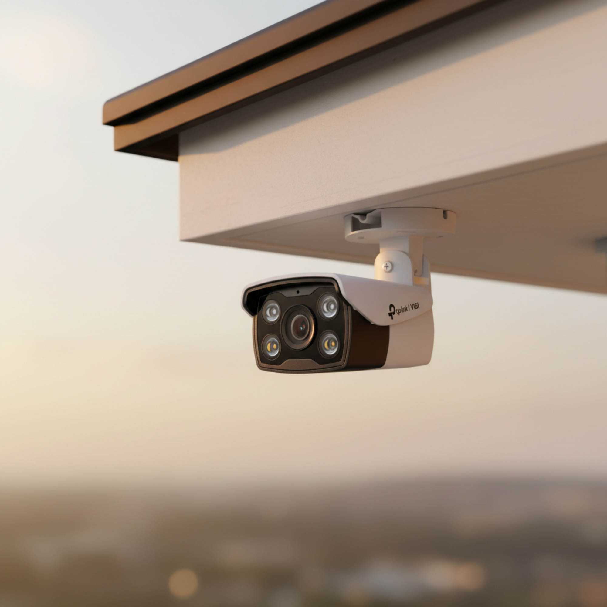 TP-Link VIGI C330 outdoor security camera mounted on a home exterior during evening light.
