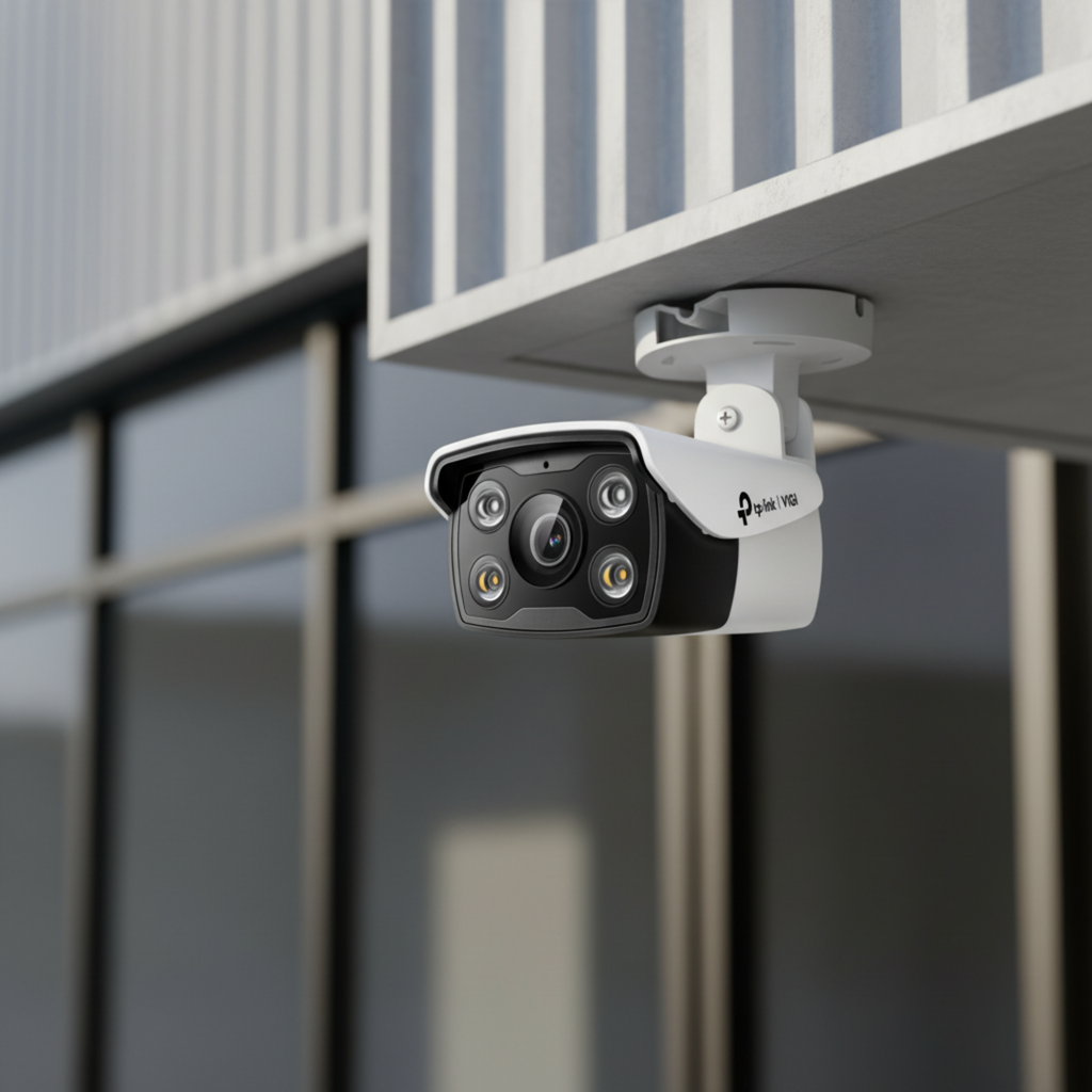 TP-Link VIGI C340 mounted on a commercial warehouse exterior for perimeter surveillance.