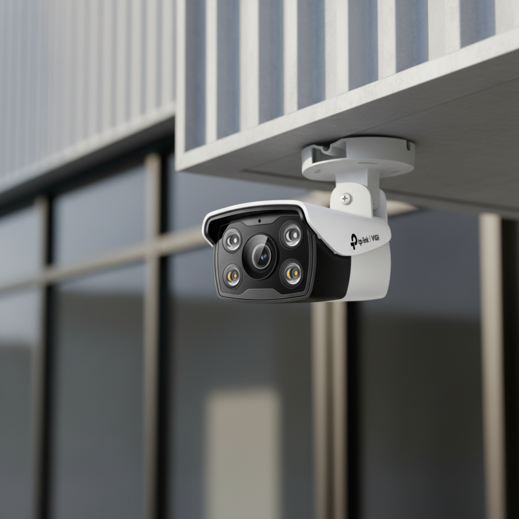 TP-Link VIGI C340 mounted on a commercial warehouse exterior for perimeter surveillance.