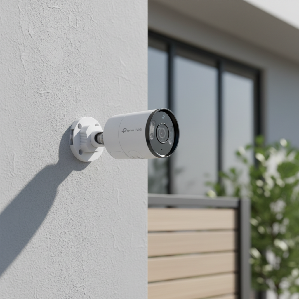 TP-Link VIGI C345 outdoor bullet camera mounted on building wall in sharp focus.

2.8mm 4mm 6mm