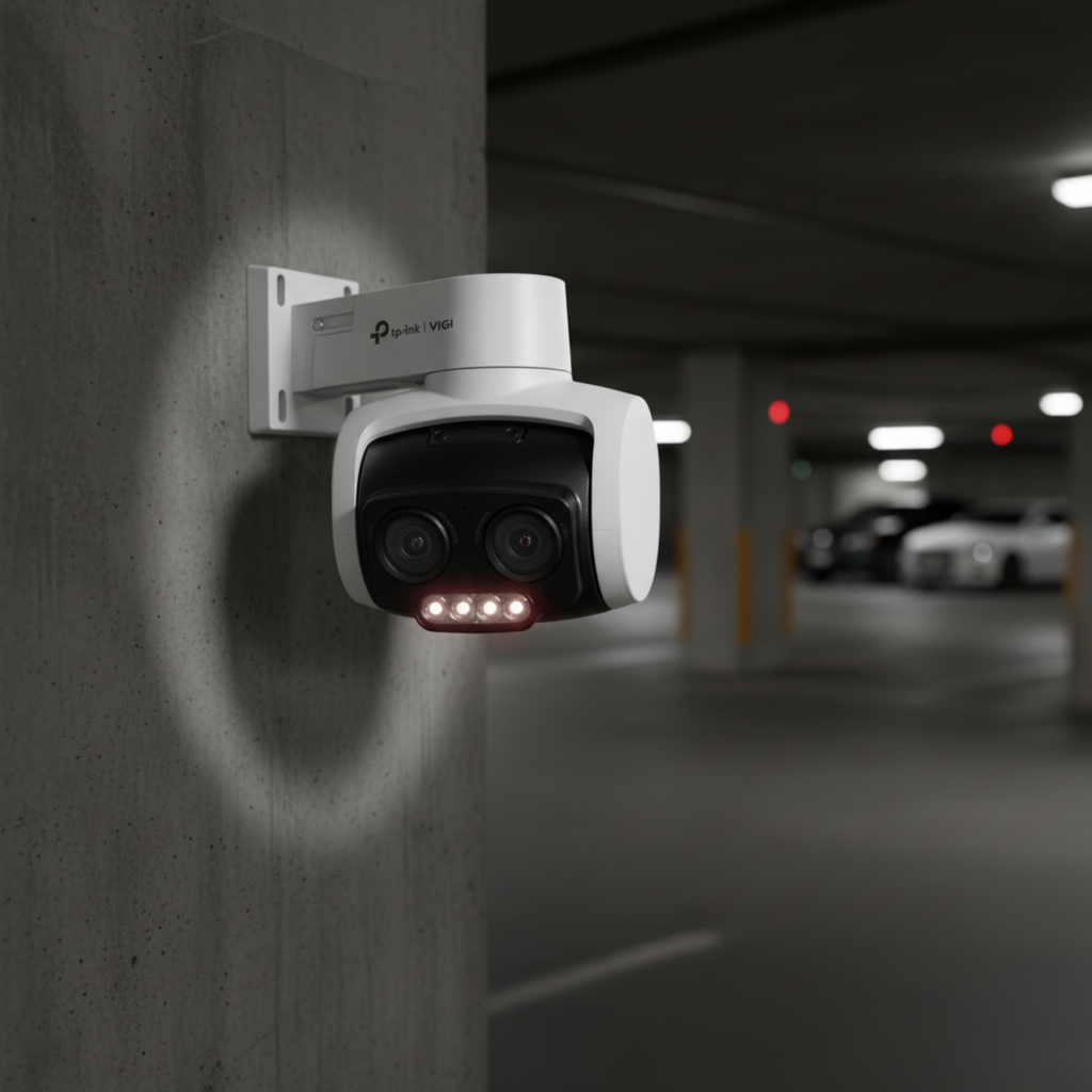 TP-Link VIGI C430I turret camera providing night parking lot surveillance.