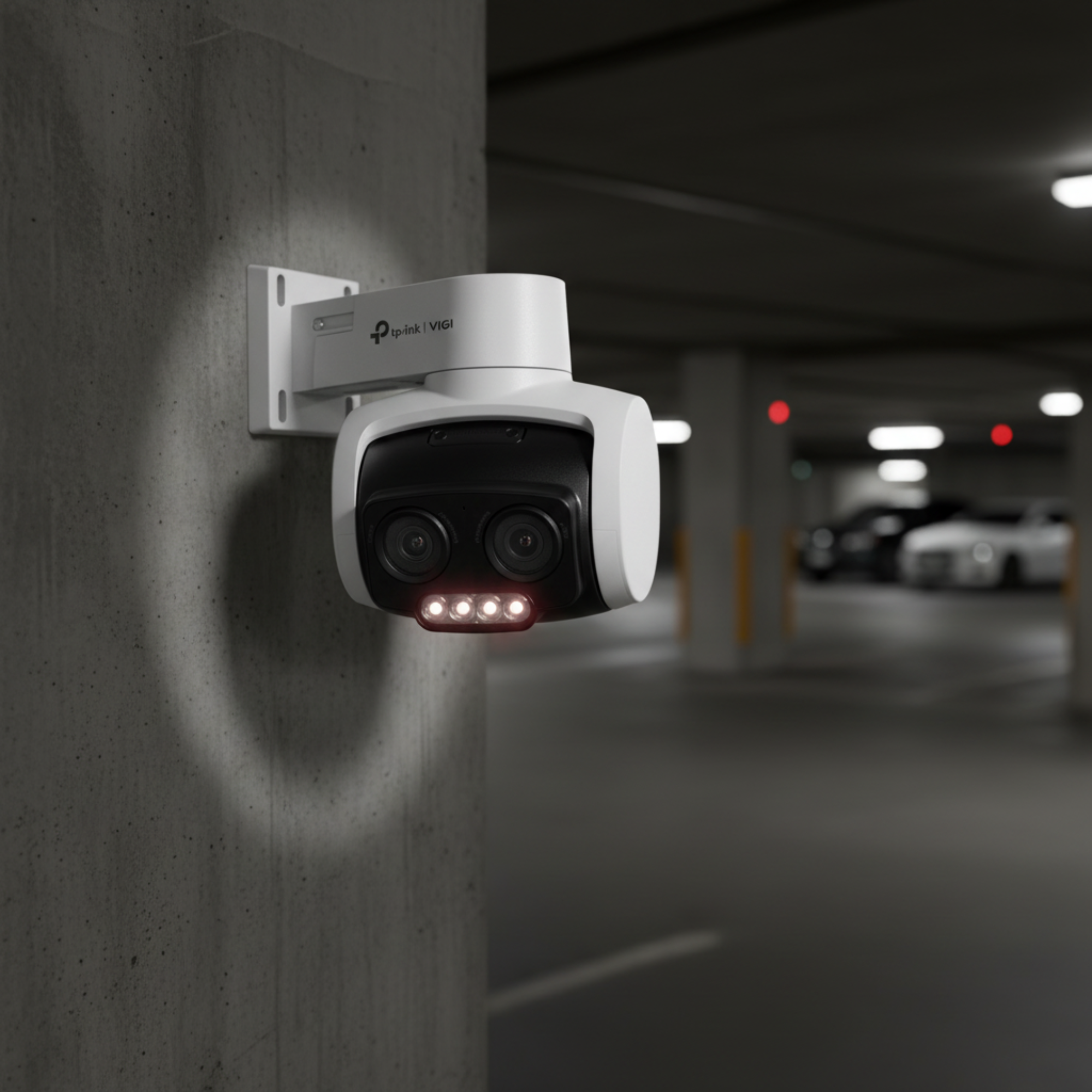TP-Link VIGI C430I turret camera providing night parking lot surveillance.