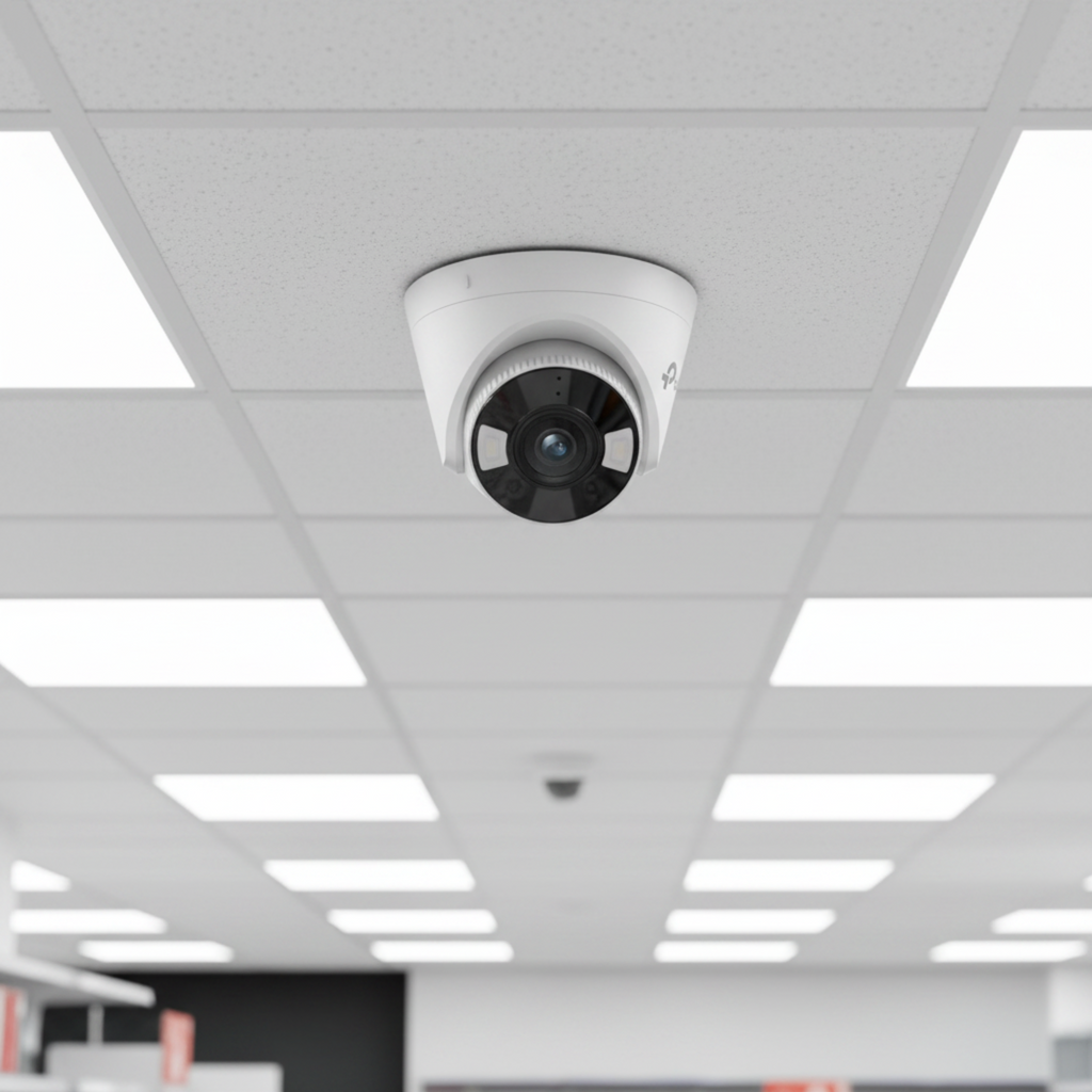 TP-Link VIGI C430 turret camera mounted on retail store ceiling for aisle monitoring.