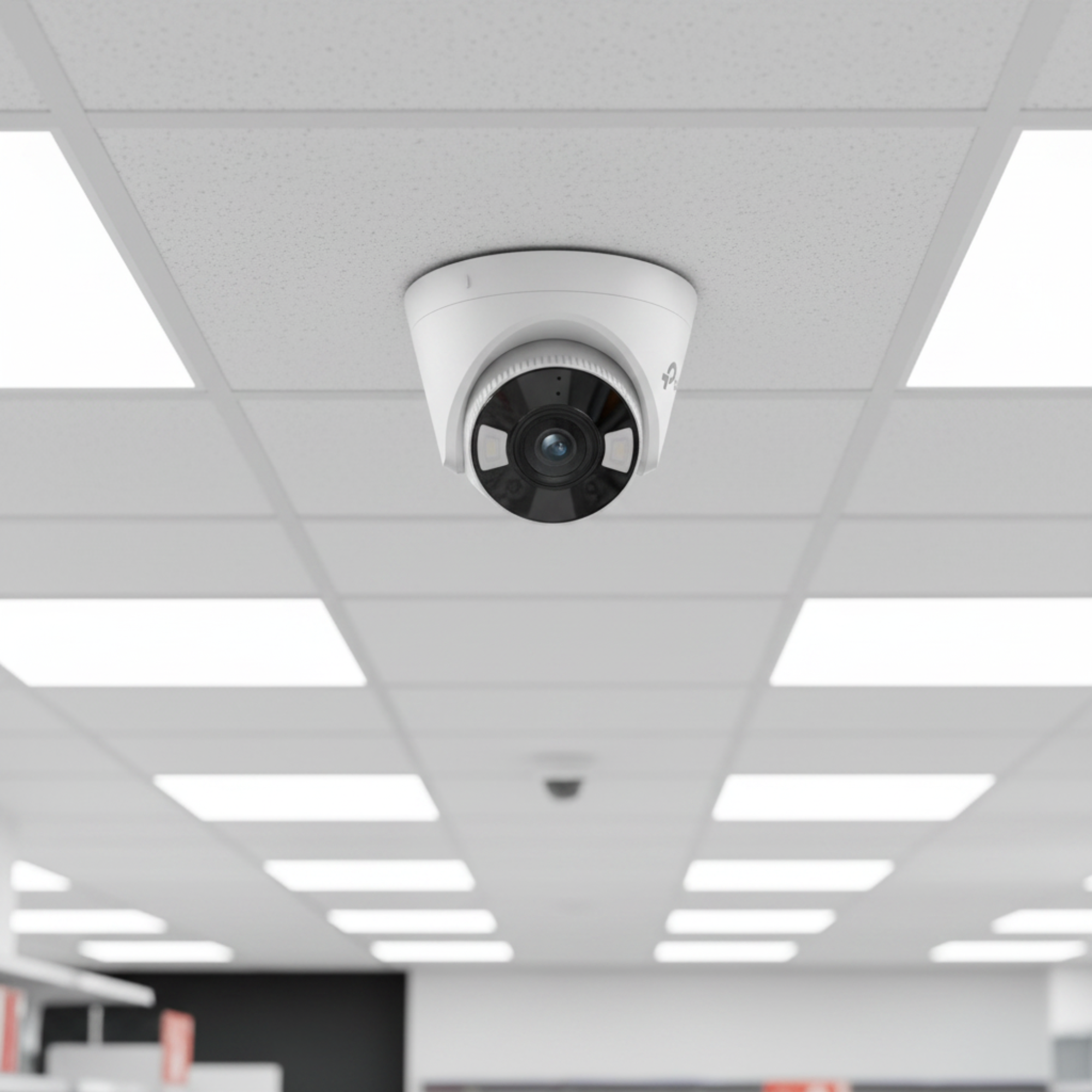 TP-Link VIGI C430 turret camera mounted on retail store ceiling for aisle monitoring.