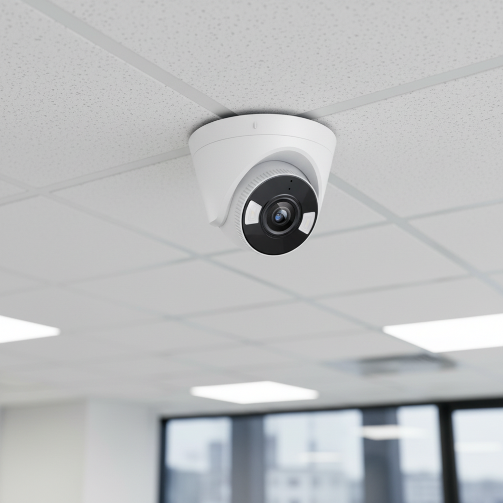 TP-Link VIGI C440-W turret camera installed on an office ceiling for indoor security monitoring.