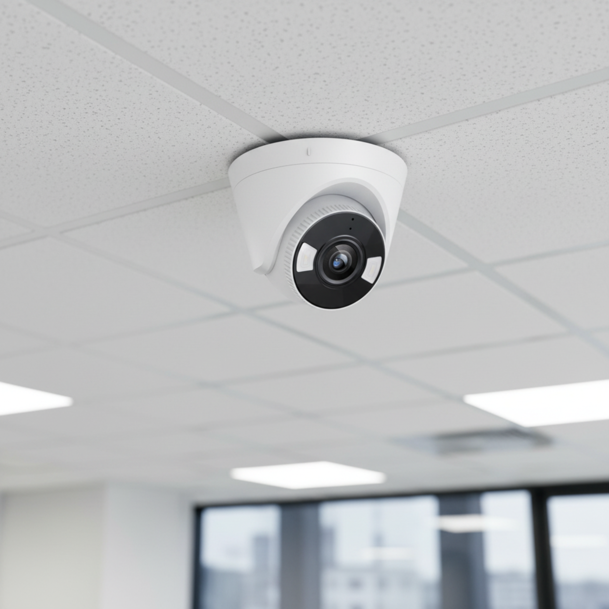 TP-Link VIGI C440-W turret camera installed on an office ceiling for indoor security monitoring.