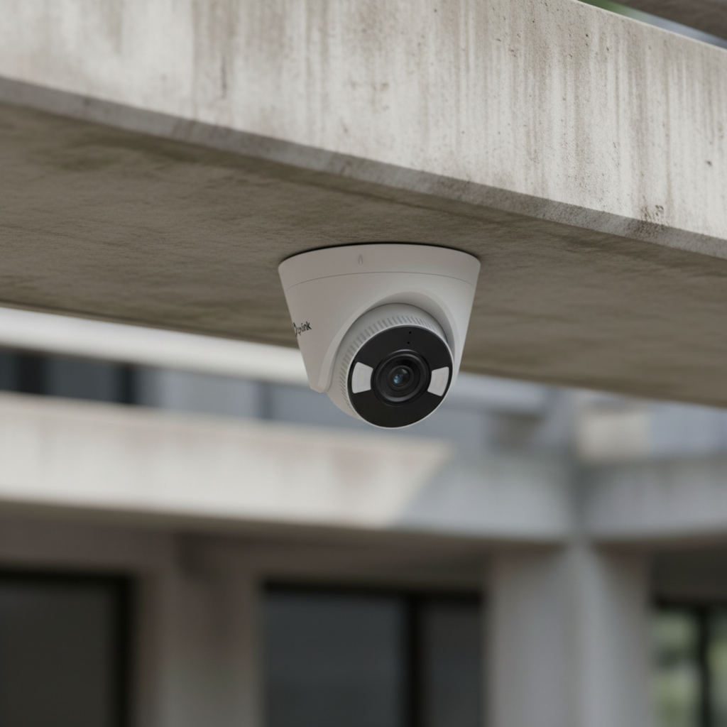 TP-Link VIGI C450 turret camera mounted under a building entrance overhang for security monitoring.