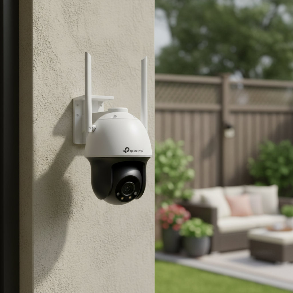 TP-Link VIGI C540-W PTZ camera covering backyard surveillance area.