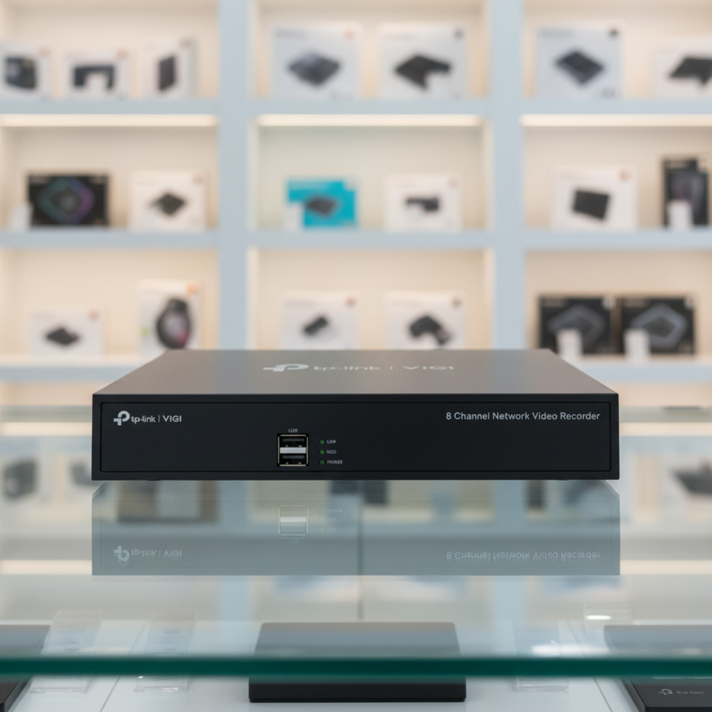 TP-Link VIGI NVR1008H displayed on a glass counter inside an electronics showroom.