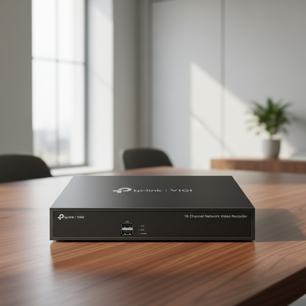 TP-Link VIGI NVR1016H 16-channel network video recorder displayed on a premium office desk with natural daylight.