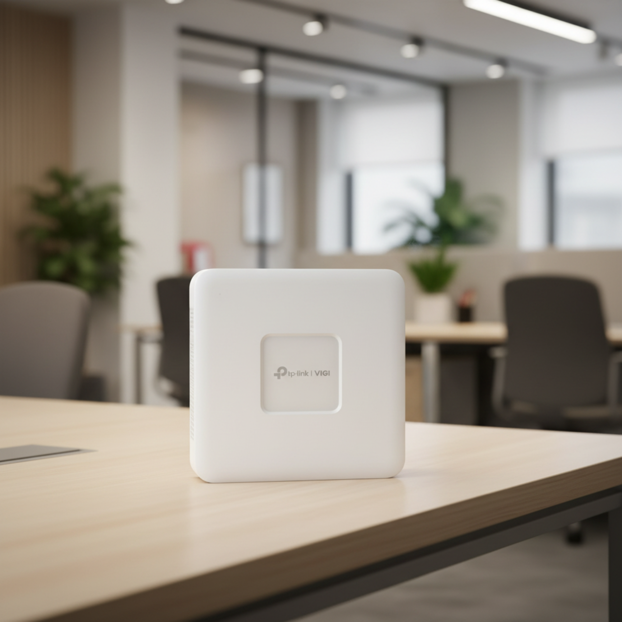 TP-Link VIGI NVR1104H-4P on clean office security desk in modern commercial environment