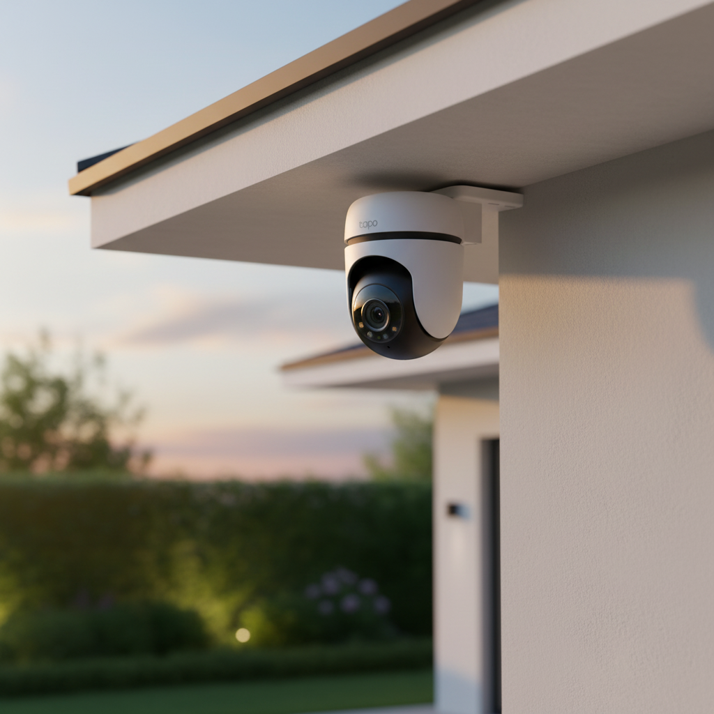 TP-Link Tapo C510W outdoor pan tilt security camera mounted under roof eave
