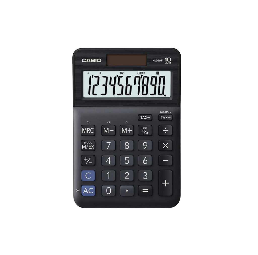 Casio MS-10F 10-Digit Practical Calculator Mini Desk Type Currency Exchange Function Solar & Battery Powered Ergonomic Design