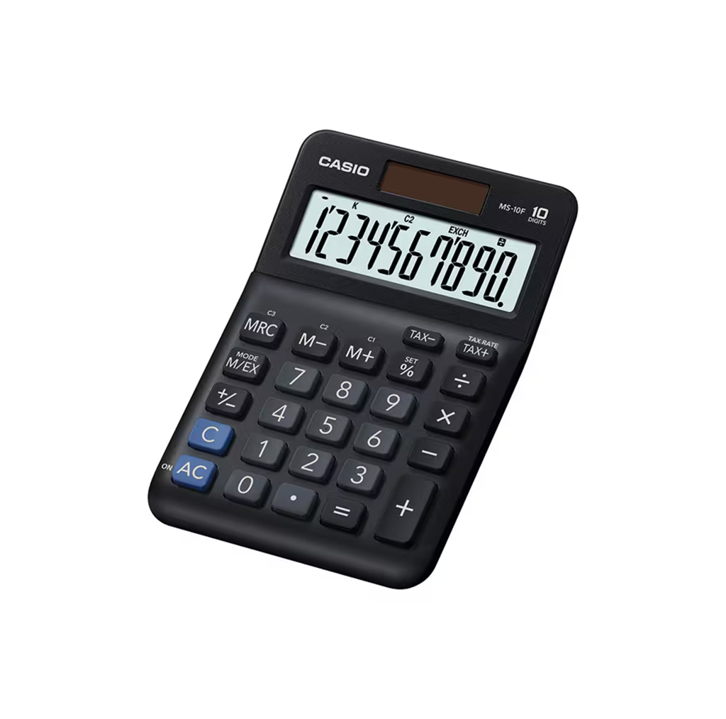 Casio MS-10F 10-Digit Practical Calculator Mini Desk Type Currency Exchange Function Solar & Battery Powered Ergonomic Design