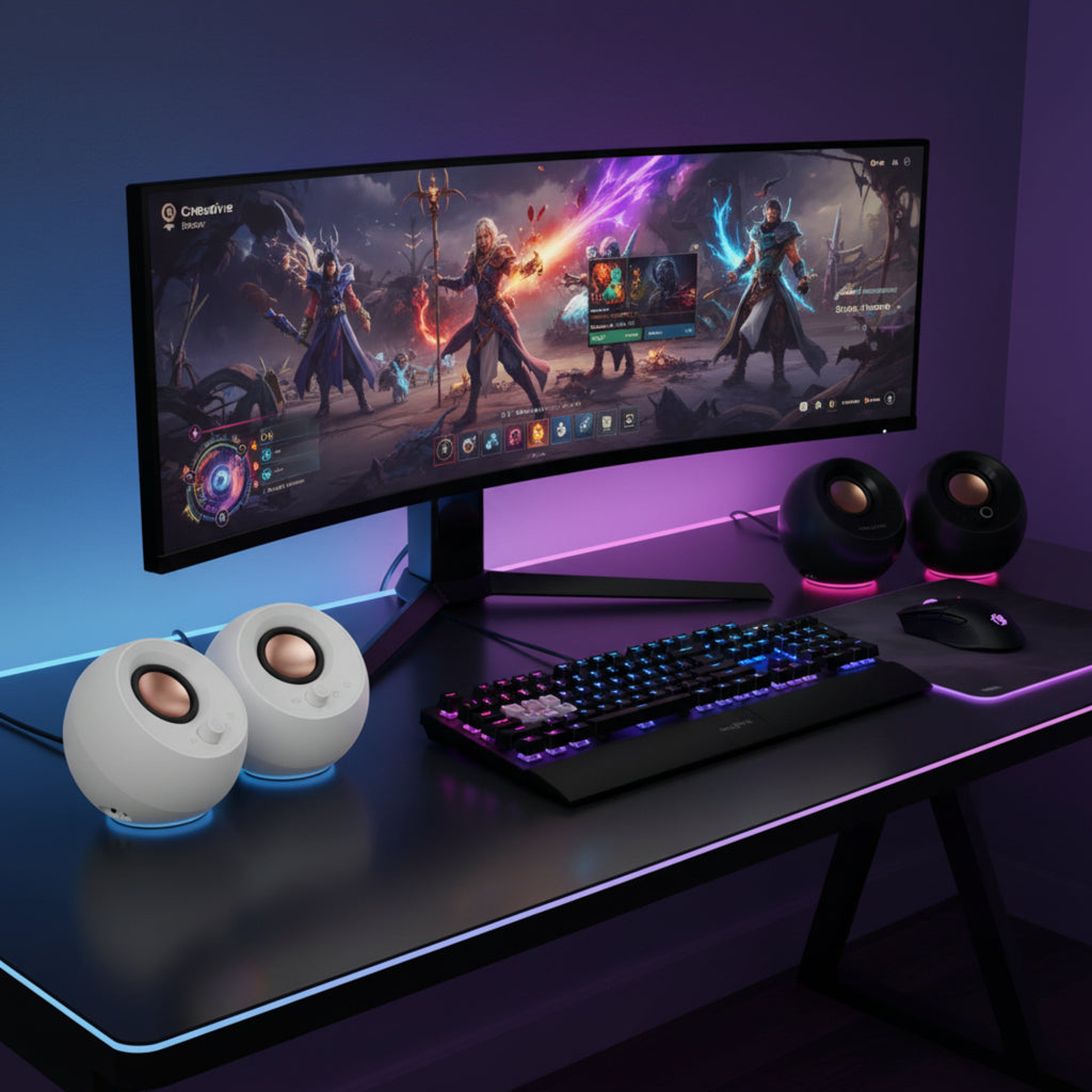 Creative Pebble Pro 2.0 USB-C desktop speakers with Bluetooth 5.3, RGB lighting, BassFlex technology, and multi-device connectivity.

White Black