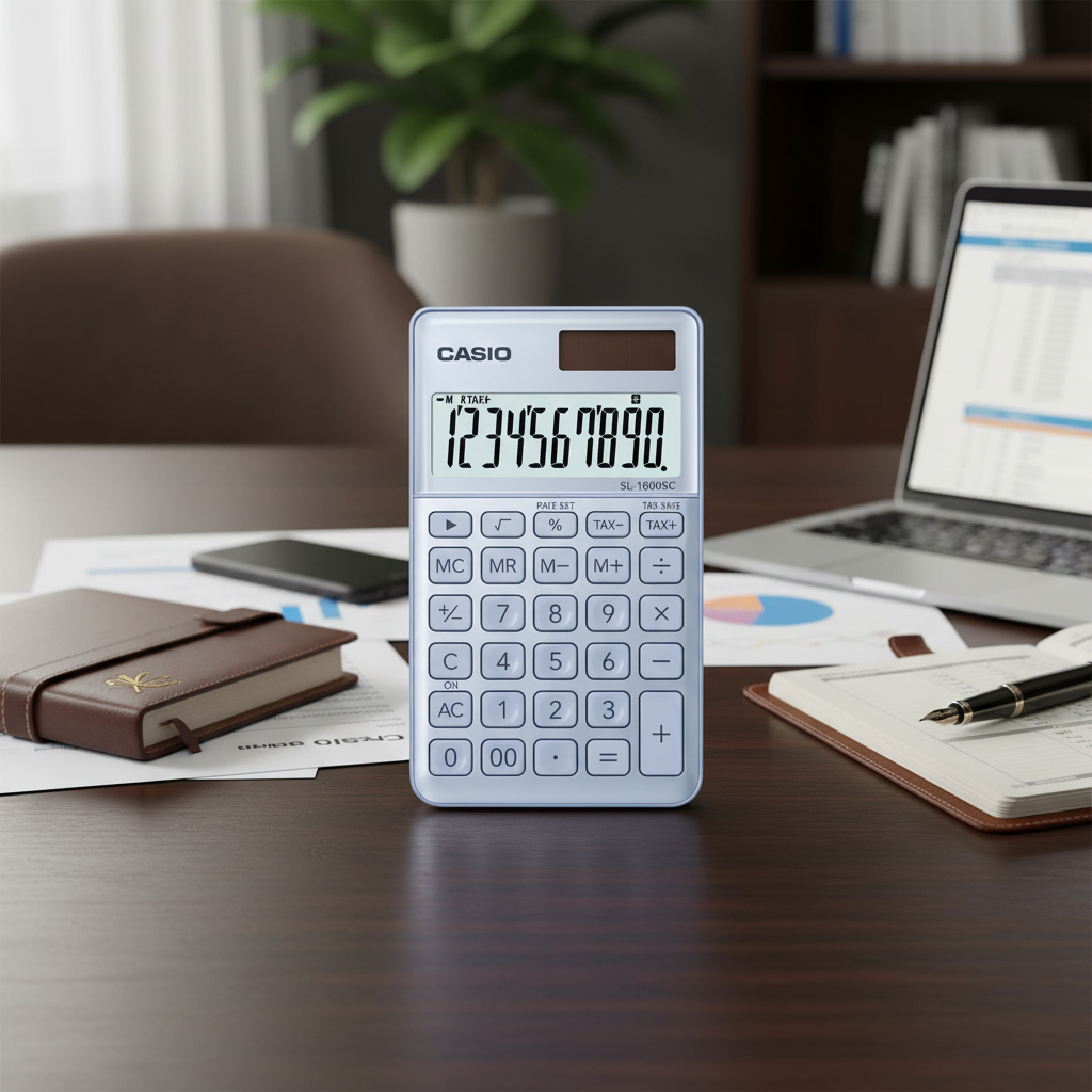 Casio SL-1000SC portable calculator on a professional executive desk.

Blue Black