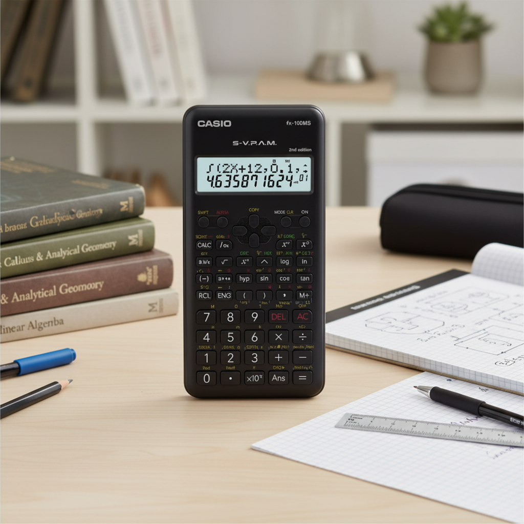 Casio fx-100MS-2 scientific calculator on an engineering study desk.