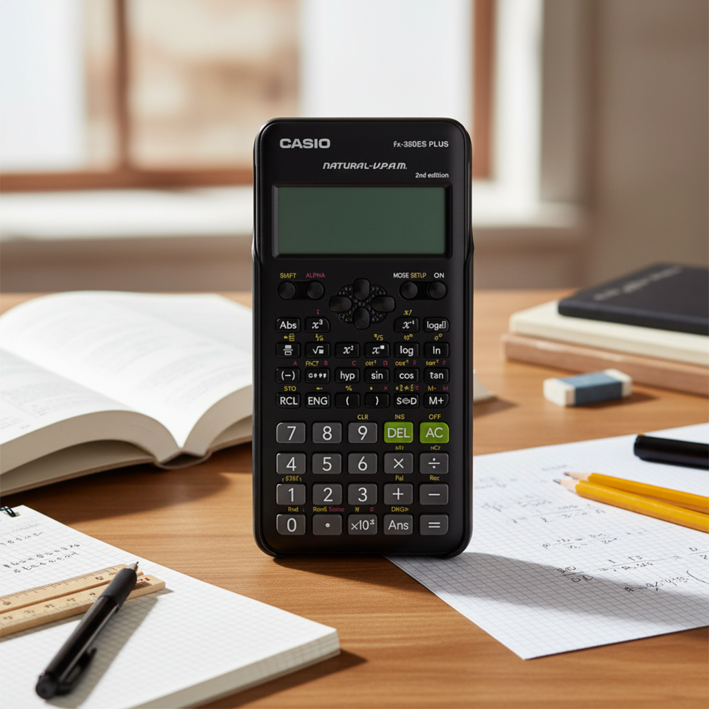 Casio fx-350ES PLUS-2 scientific calculator on a mathematics study desk.