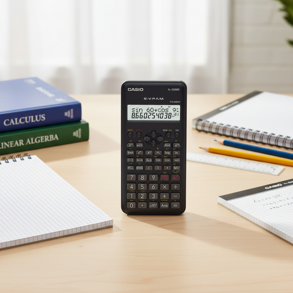 Casio fx-350MS-2 scientific calculator on a mathematics study desk.