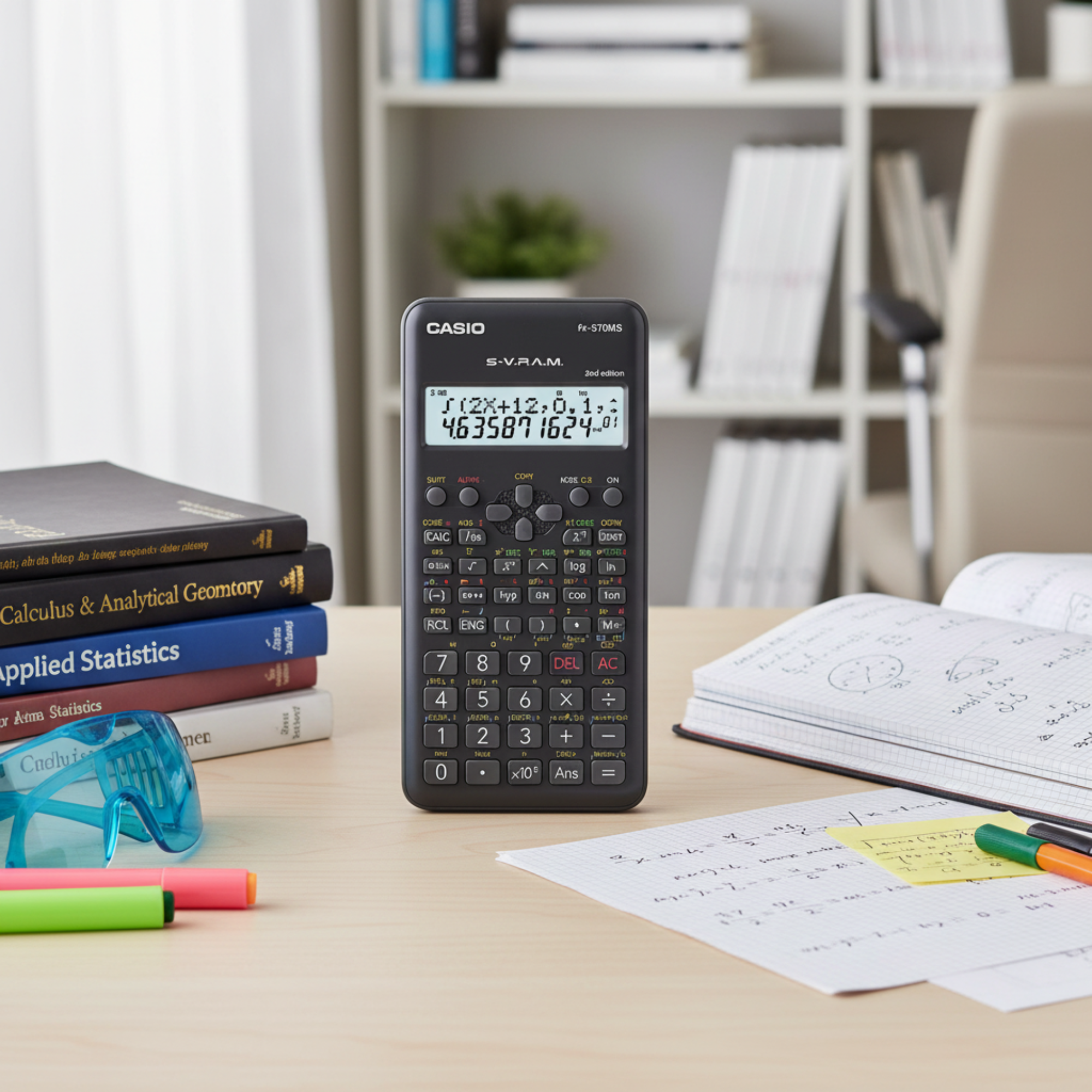 Casio fx-570MS-2 scientific calculator in a STEM study workspace.