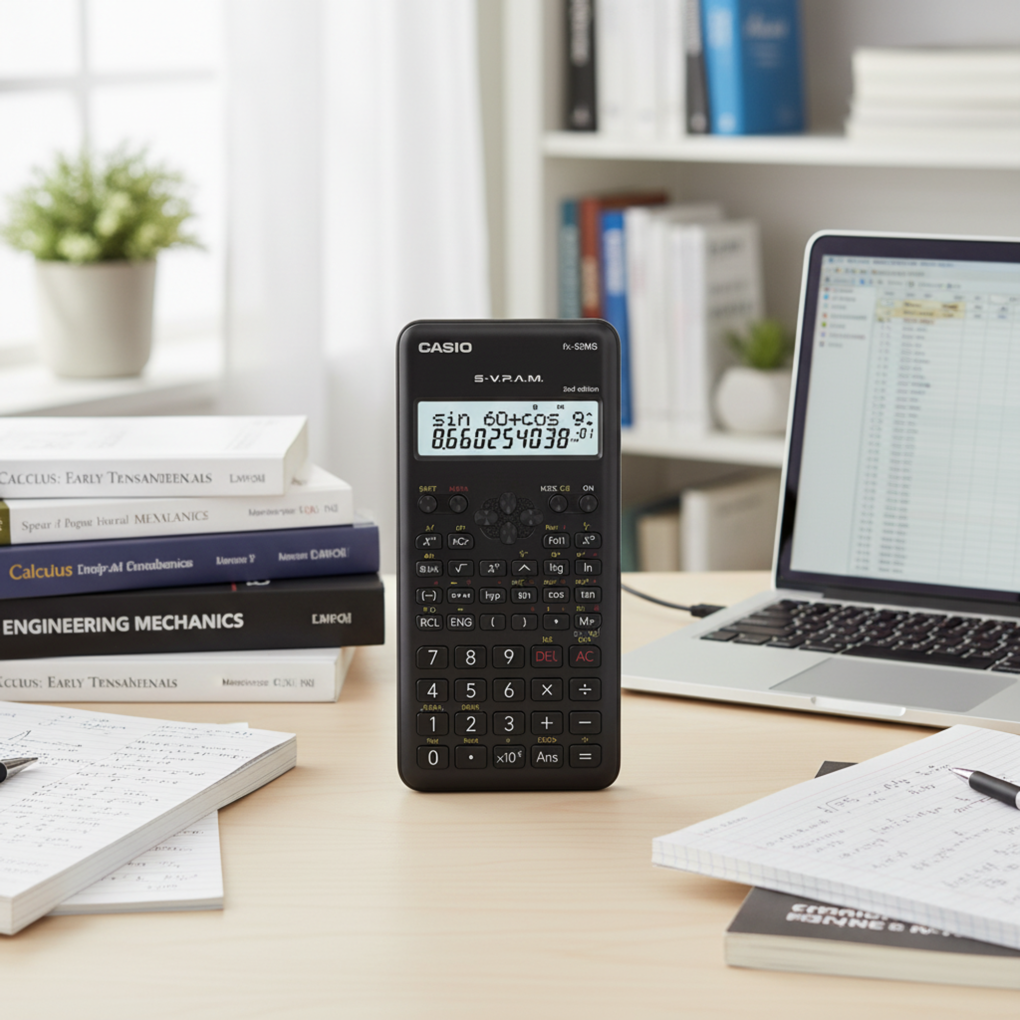 Casio fx-82MS-2 scientific calculator in a student learning workspace.