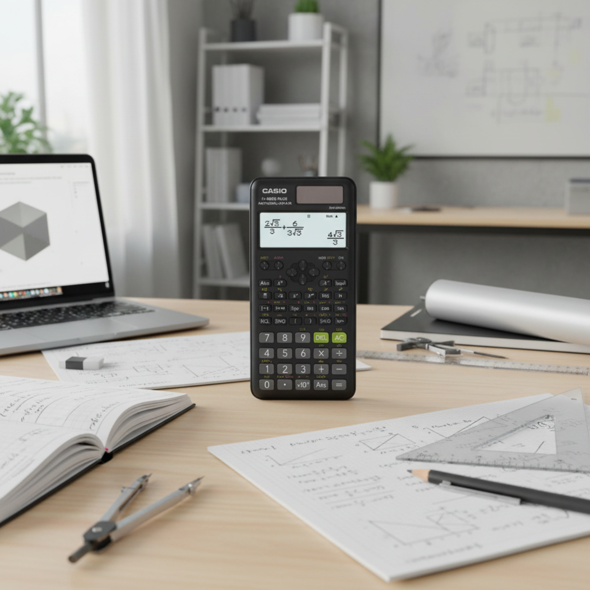 Casio fx-85ES PLUS-2 scientific calculator in an engineering workspace.