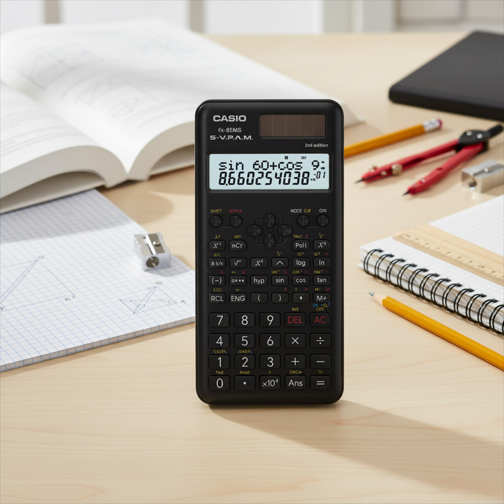 Casio FX-85MS-2 scientific calculator on a mathematics study desk.