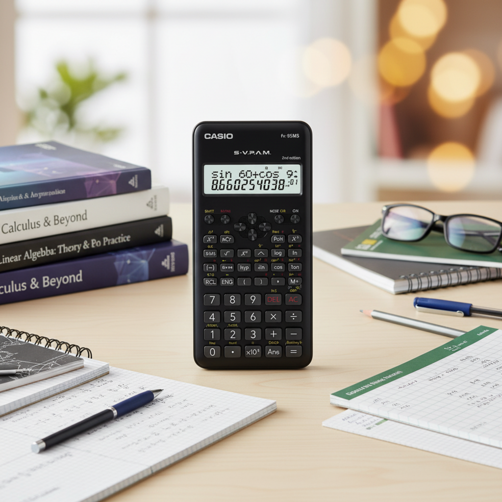 Casio fx-95MS-2 scientific calculator on a mathematics study desk.