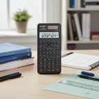 Casio fx-991MS-2 scientific calculator on an engineering study desk.